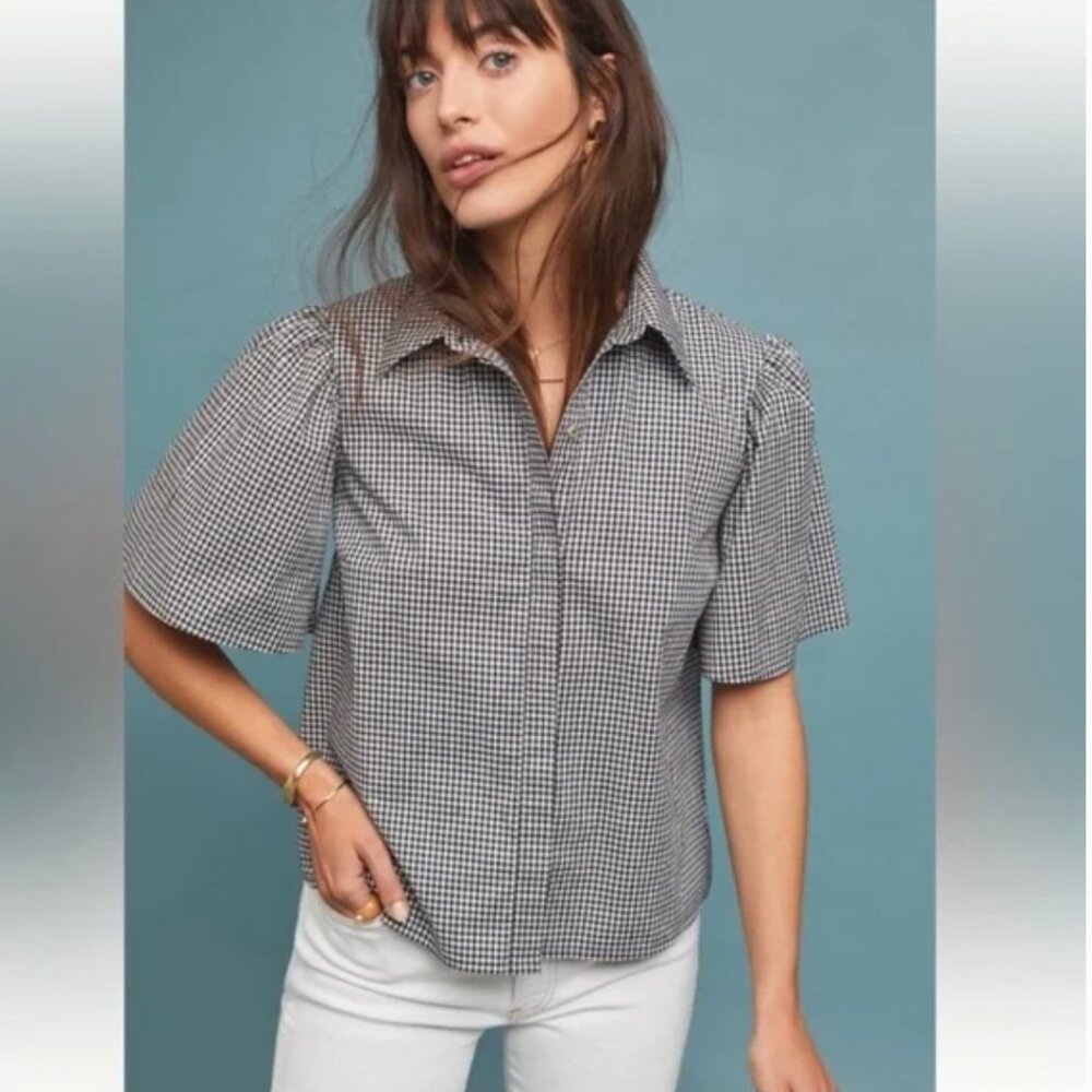 Anthropologie Black and White Gingham Short-Sleeve Button Blouse
